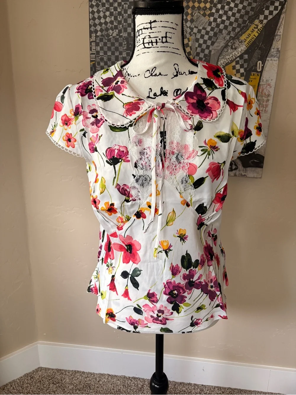 Anthropologie by Anthropologie Floral Lace Trim Cap Sleeve Blouse - Picture 4 of 8